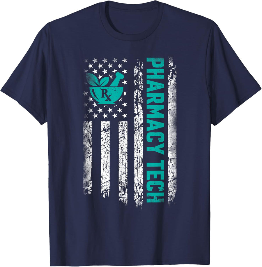 Pharmacy Tech American Flag Tee Shirt - 4th of July Pharmacist T-Shirt for Men Women - Navy Blue