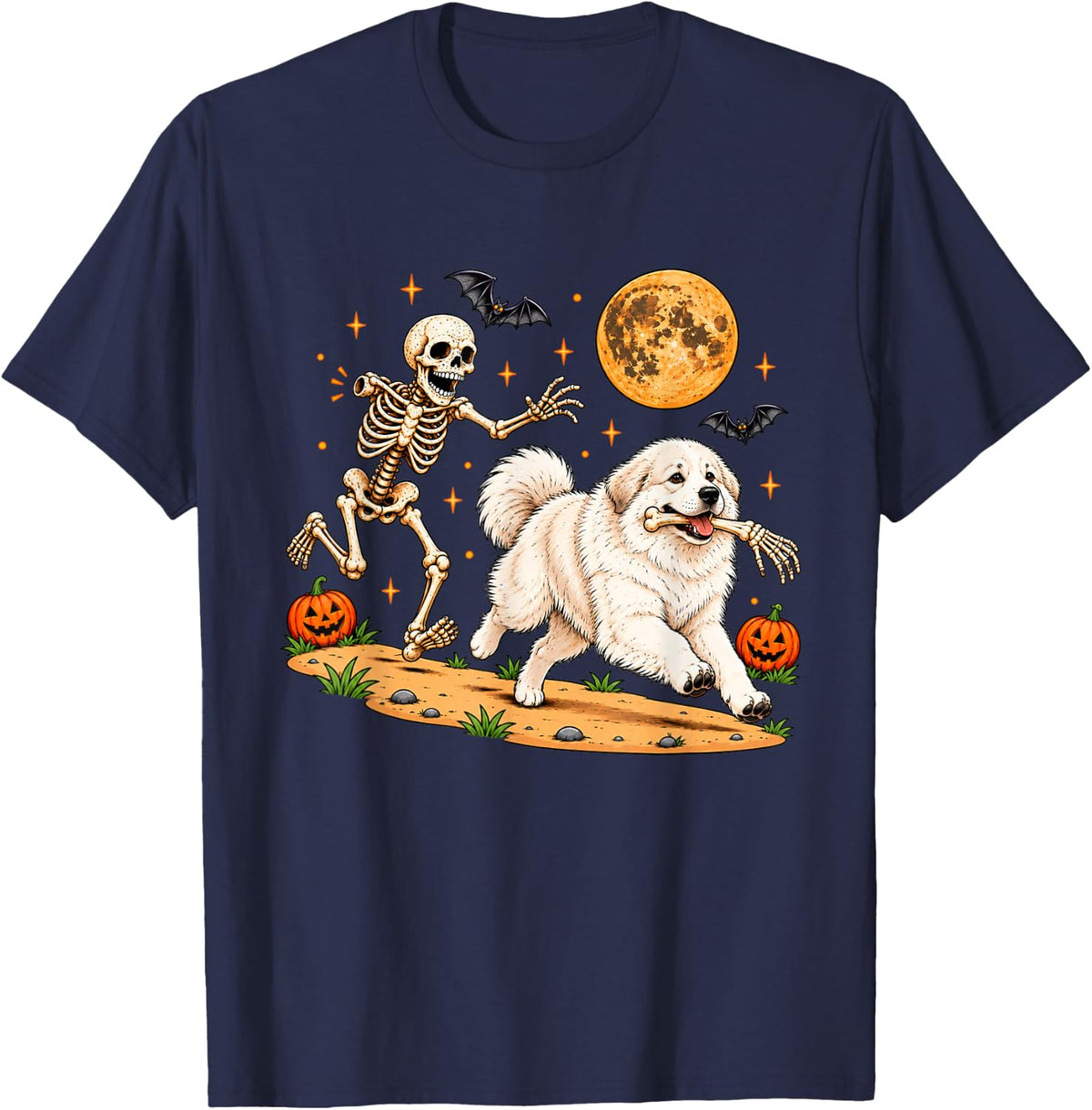 Funny Skeleton Chasing Great Pyrenees Halloween Dog Mom Pet T-Shirt - Navy Blue