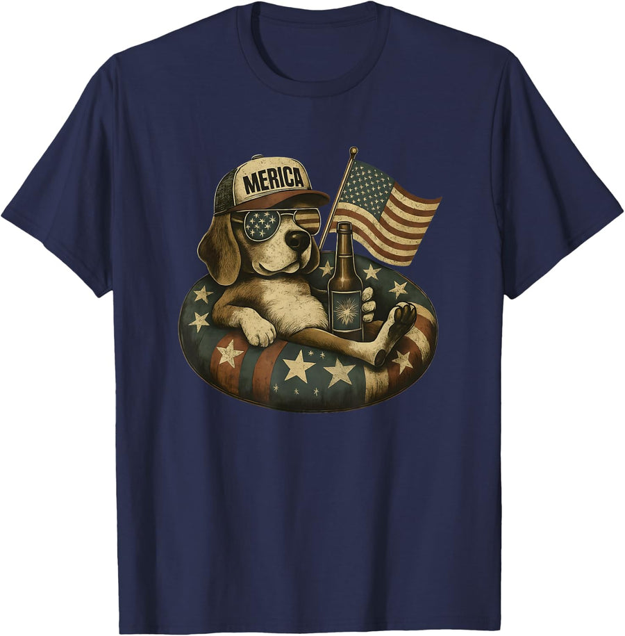 Funny Merica Beagle Patriotic Dog Beer USA Flag Retro Style T-Shirt - Navy Blue