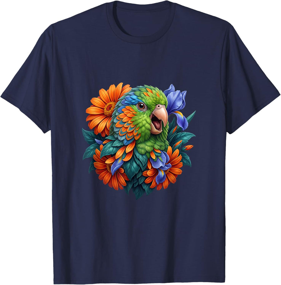 Colorful Macaw with Blue Botanical Flowers T-Shirt - Navy Blue