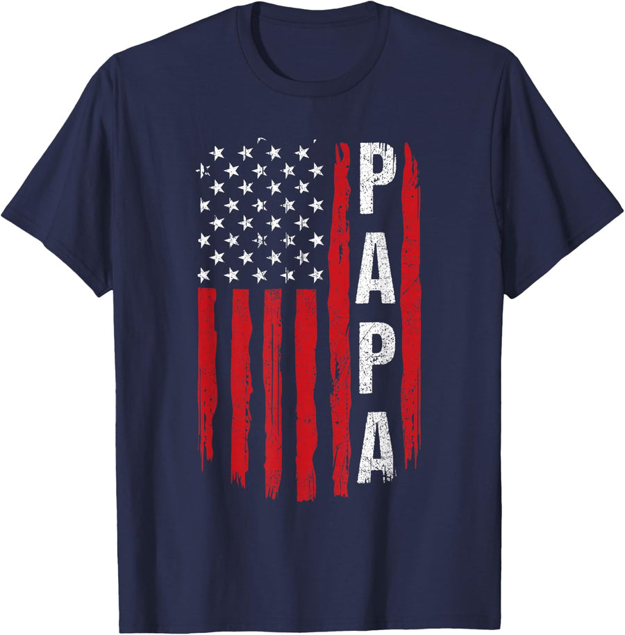 Proud Papa Father's Day Patriotic Dad USA flag T-Shirt - Navy Blue