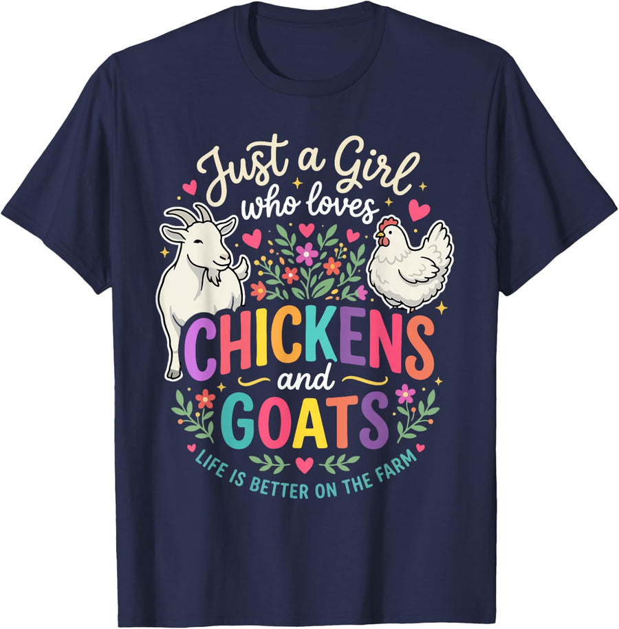 Just A Girl Who Loves Chickens and Goats Toddler Farm Animal Shirt Tee T-Shirt for Girls - Navy Blue