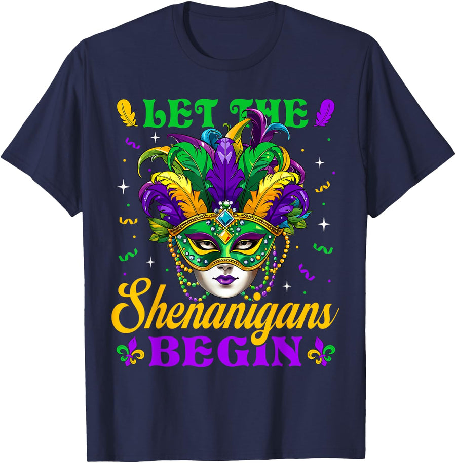 Let The Shenanigans Begin Mardi Gras Jester Mask Beads Women T-Shirt - Navy Blue