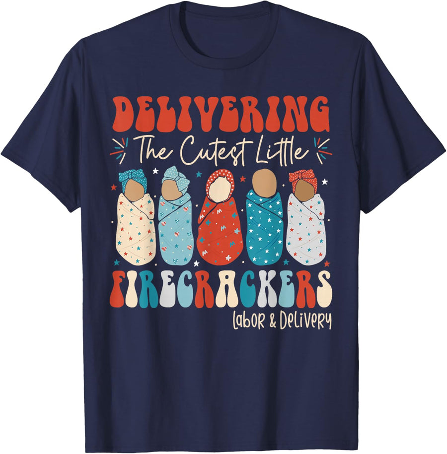 4th of July Labor and Delivery L&D Nurse Independence Day T-Shirt - Navy Blue