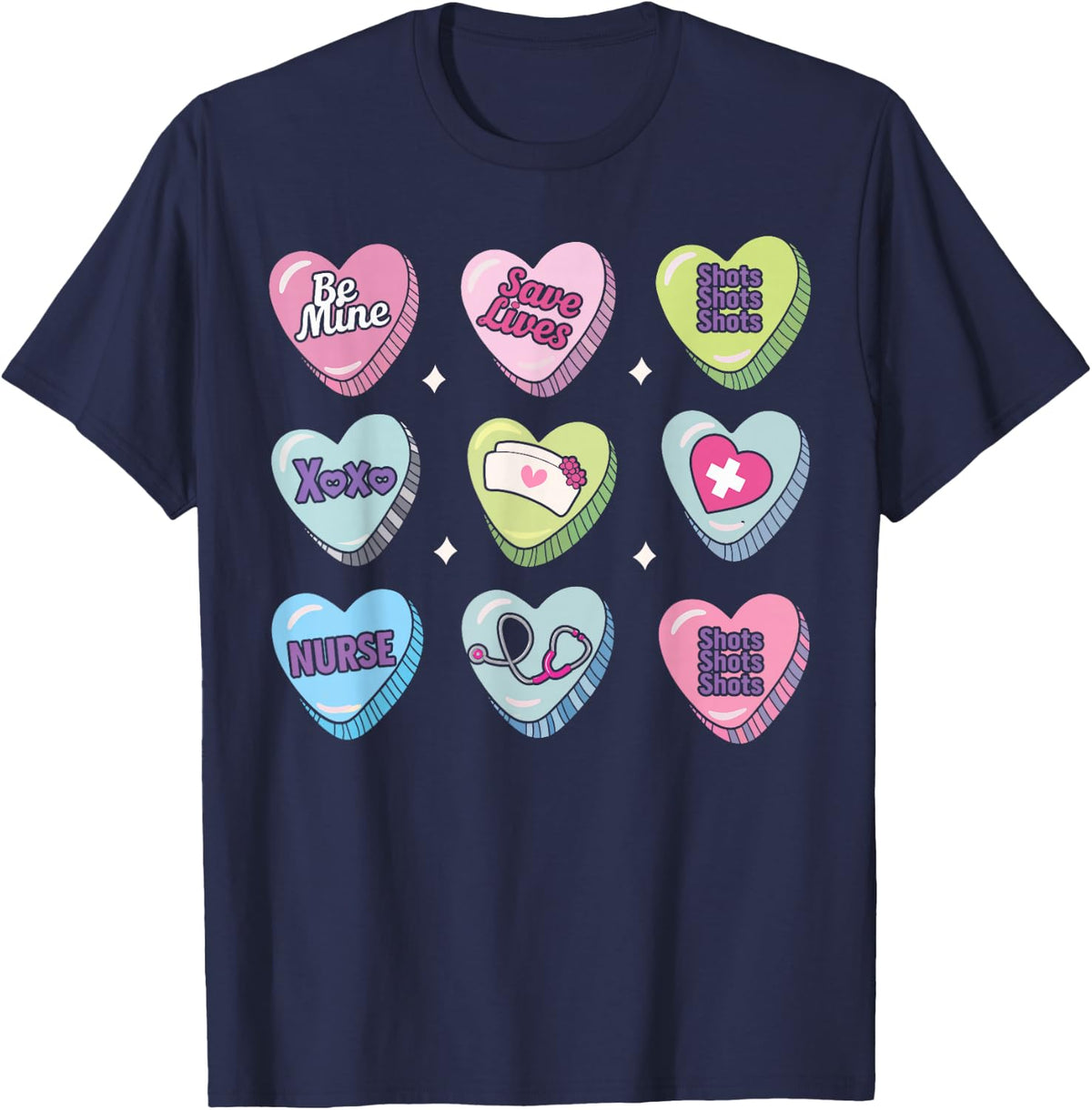 Nurse Conversation Hearts Stethoscope Valentine T-Shirt - Navy Blue
