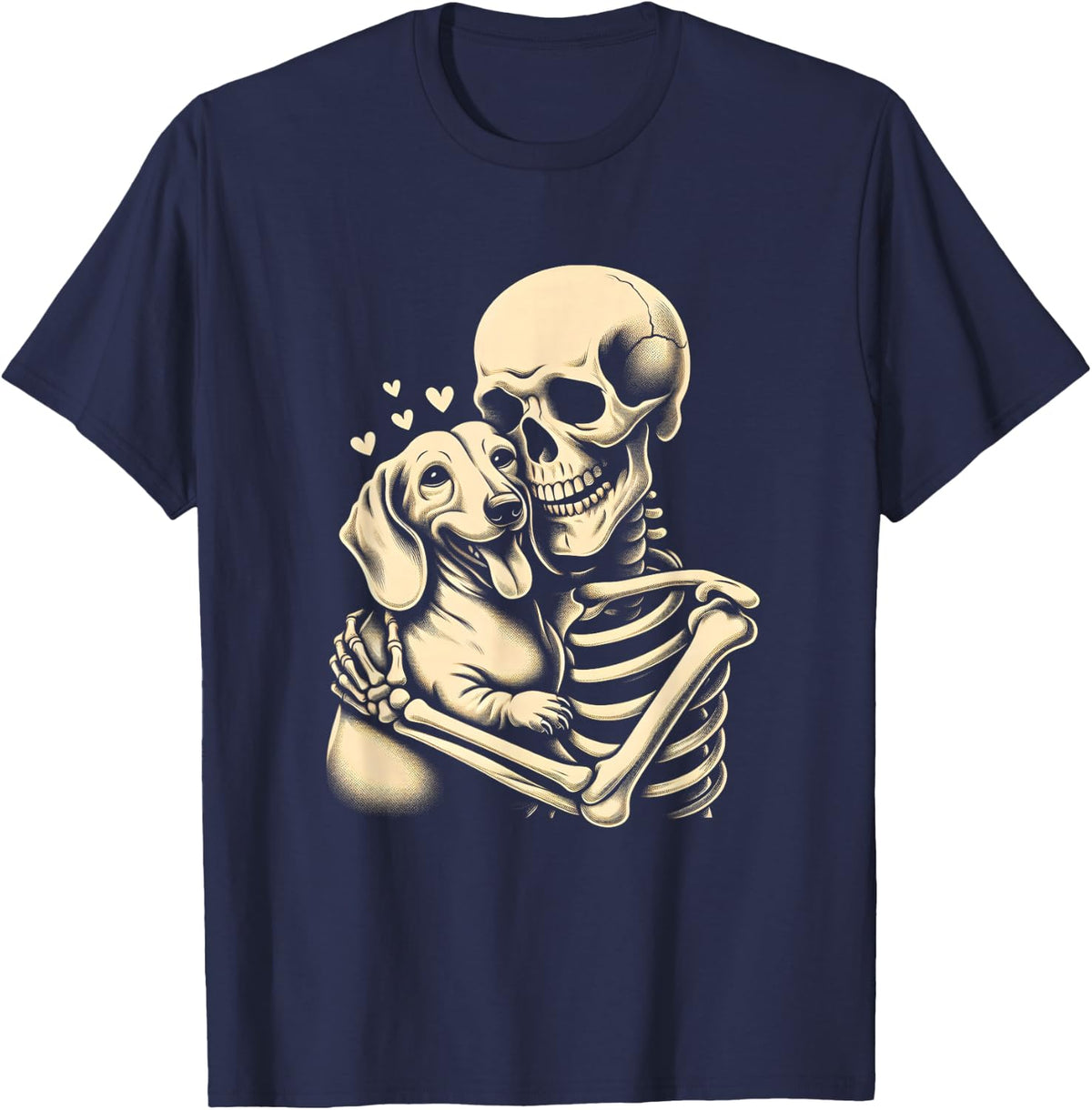 Skeleton Hugging Dog Halloween Dachshund Lover Dog Mom Dad T-Shirt - Navy Blue