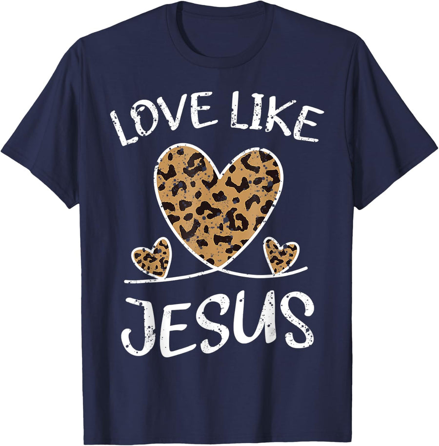 Faith Bible Blessed Christian Cheeta Leopard Love Like Jesus T-Shirt - Navy Blue