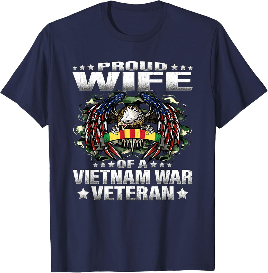 Proud Wife Of A Vietnam War Veteran Military Vet's Spouse T-Shirt - Navy Blue