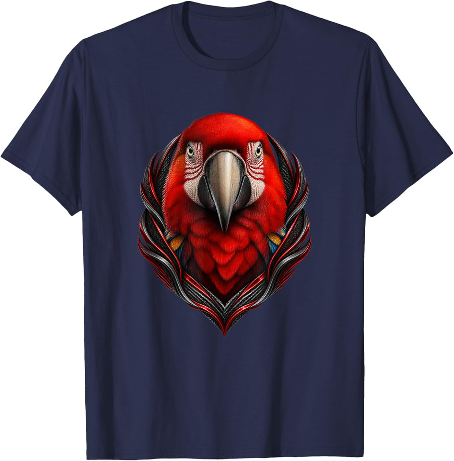 Macaw with Red Woven Pattern T-Shirt - Navy Blue