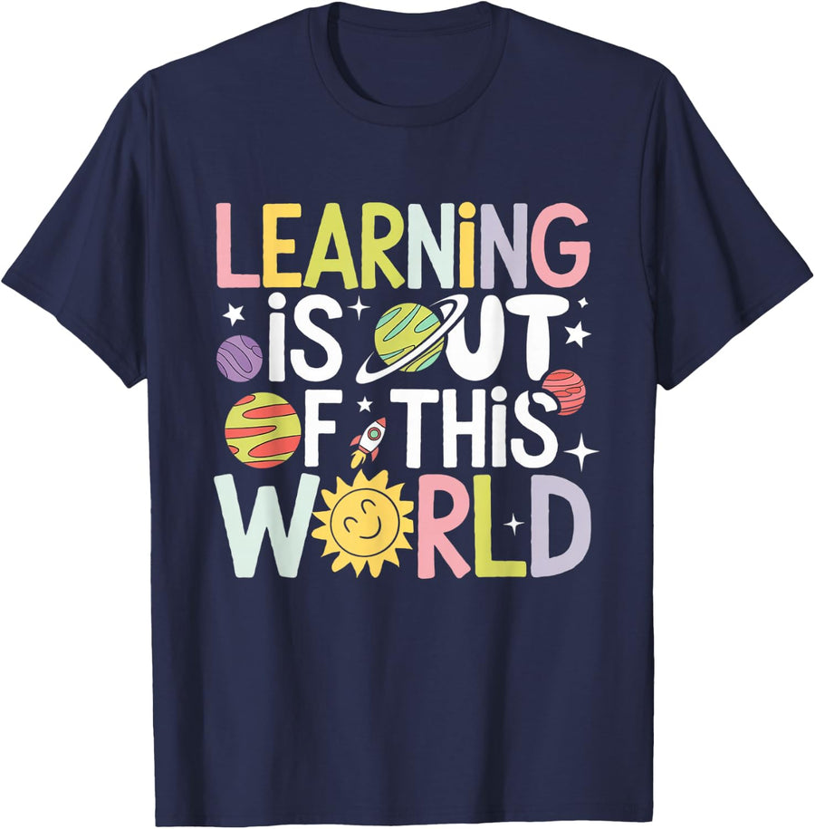 Learning is Out of This World Space Teacher Cute Groovy T-Shirt - Navy Blue