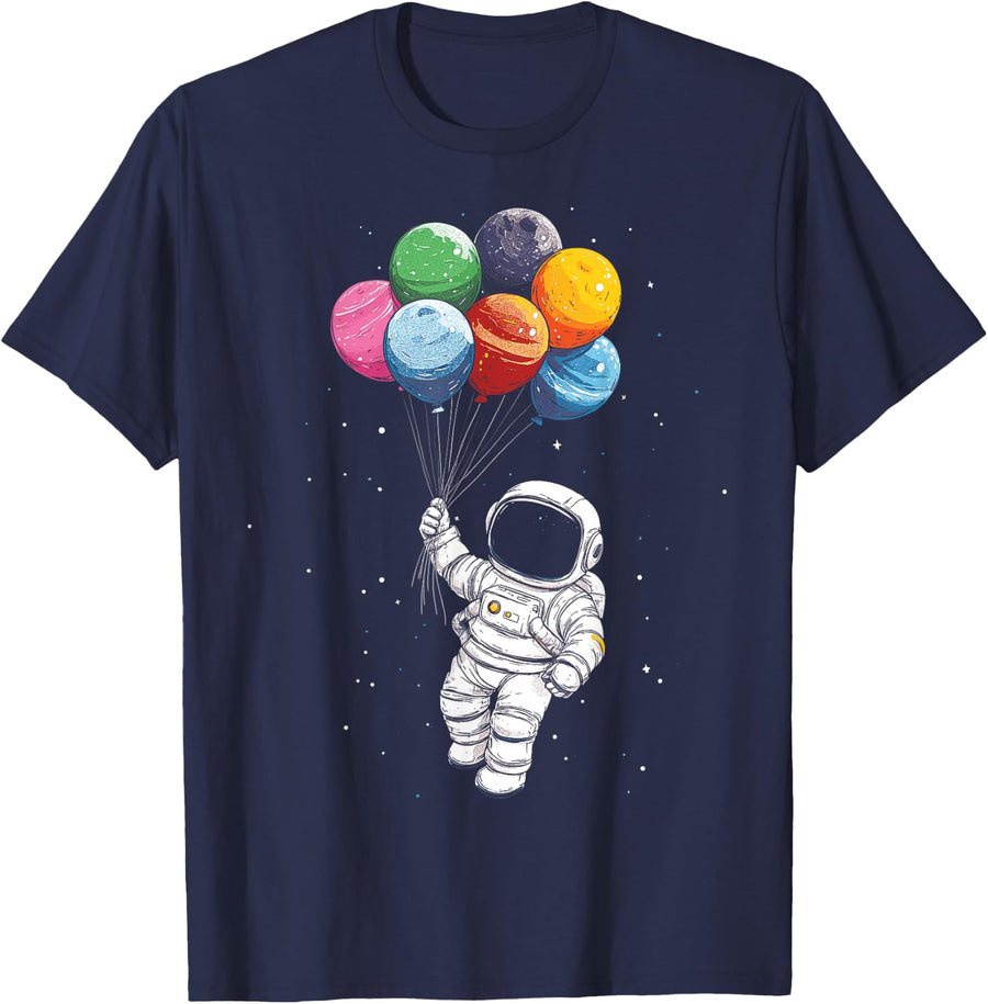 Astronaut Birthday Planet Balloons Solar System Outer Space T-Shirt - Navy Blue