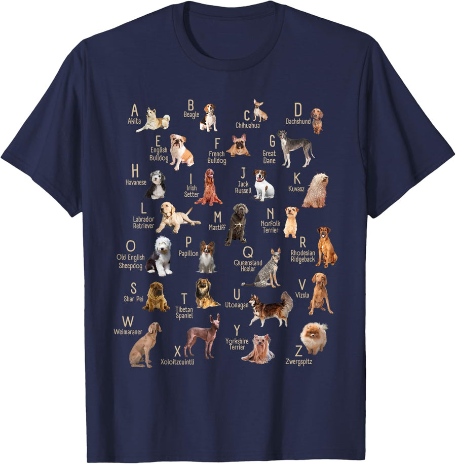 A-Z Dog Breeds Cute ABC Learning Chart Teachers Dog Rescue Men Women Kids T-Shirt - Navy Blue