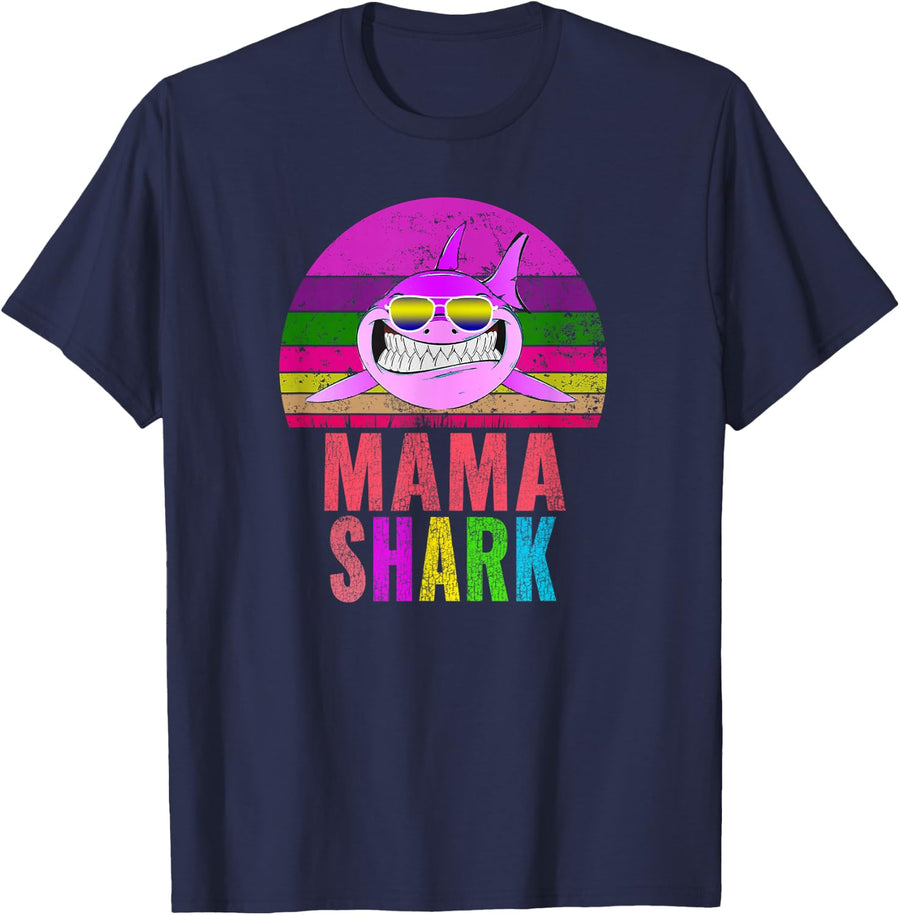 Mama Shark Funny Mom Vintage Gift T-Shirt - Navy Blue