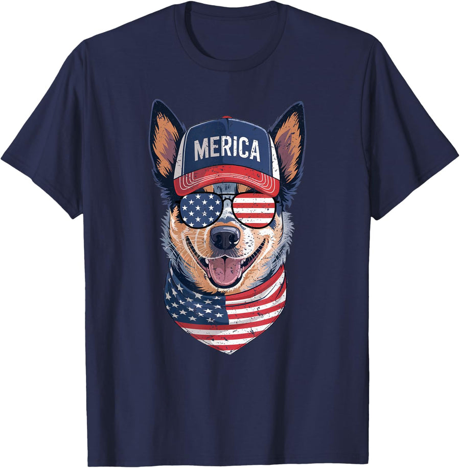 Blue Heeler 4th of July US American Flag Dog Patriotic T-Shirt - Navy Blue