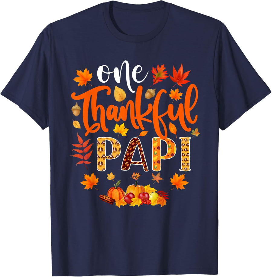 One Thankful Papi Funny Fall Autumn Thanksgiving T-Shirt - Navy Blue