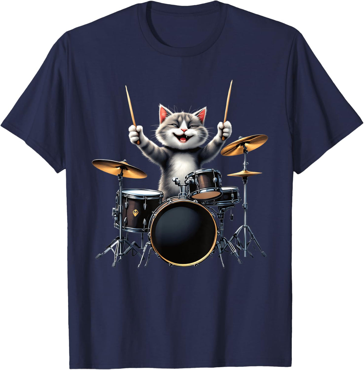 Funny Drumming Cat Shirt Rock Band Kitty Drummer Cat T-Shirt for Men Women - Navy Blue