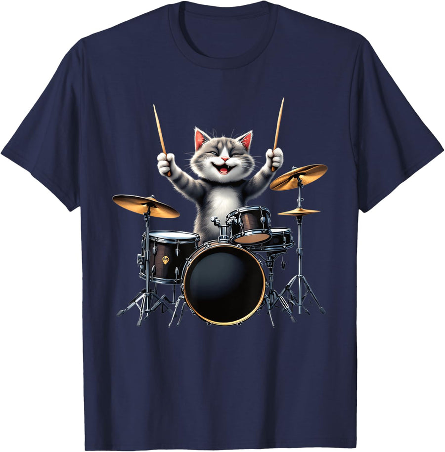 Funny Drumming Cat Shirt Rock Band Kitty Drummer Cat T-Shirt for Men Women - Navy Blue