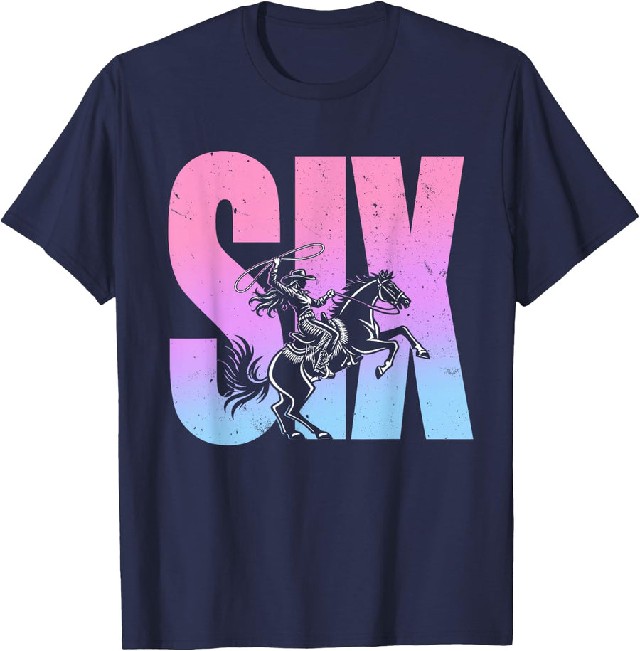 6th Birthday Rodeo Western Cowgirl Riding Horse Party T-Shirt - Navy Blue