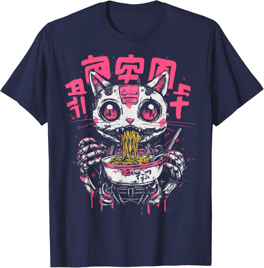 Cat Ramen Skeleton Japanese Creepy Anime Cat Halloween Tees T-Shirt for Men Women - Navy Blue