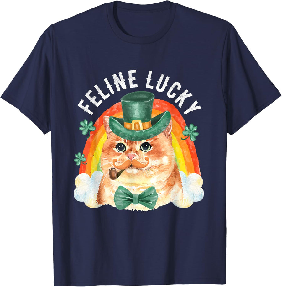 Feline Lucky St Patricks Day Funny Leprechaun Cat Rainbow T-Shirt - Navy Blue