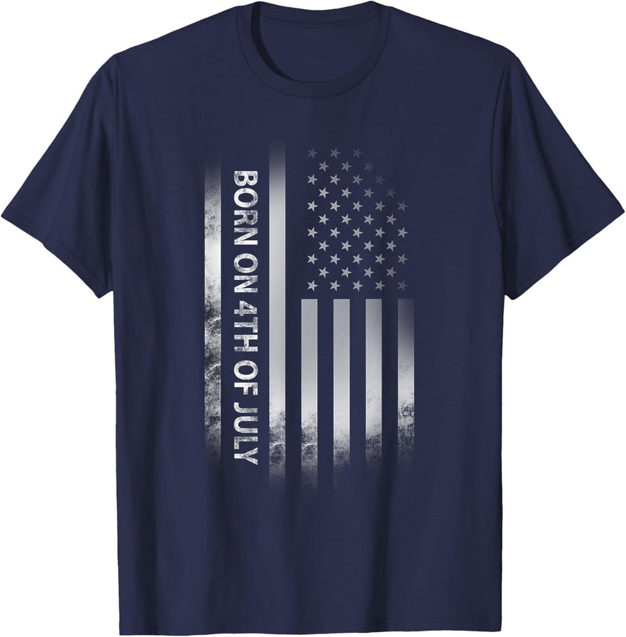 4th of July Birthday American Flag Born on the Fourth Tee T-Shirt - Navy Blue