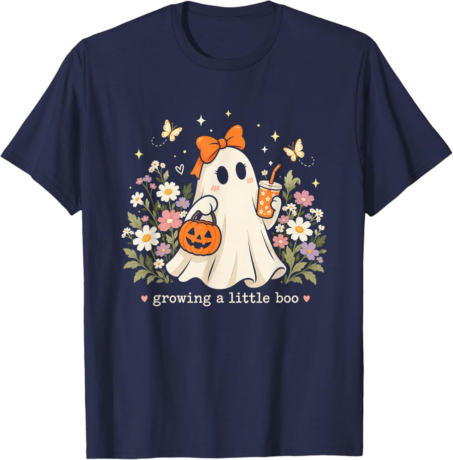 Growing A Little Boo Ghost Pregnancy Maternity Halloween T-Shirt - Navy Blue