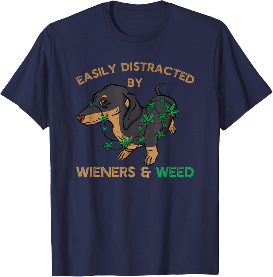 Easily Distracted By Wiener Dog and Weed Cannabis Dachshund T-Shirt - Navy Blue