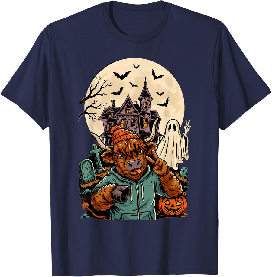 Halloween Highland Cow Costume Pumpkin Spooky Season T-Shirt - Navy Blue