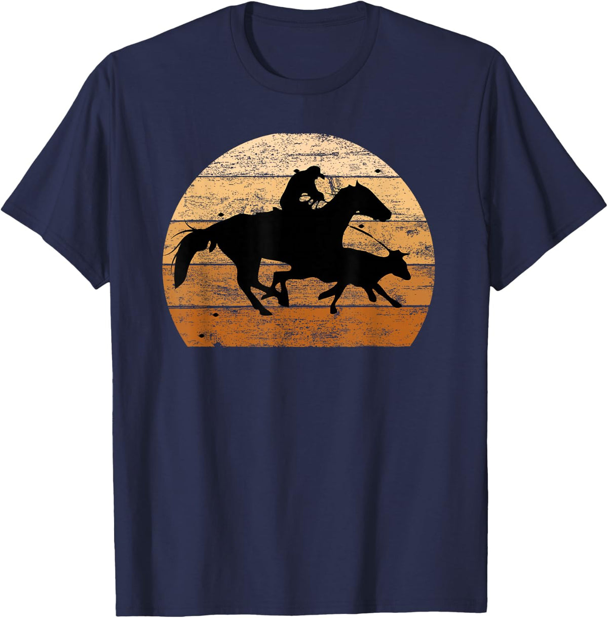 Brown Distressed Style Western Cow Horse Calf Roping T-Shirt - Navy Blue