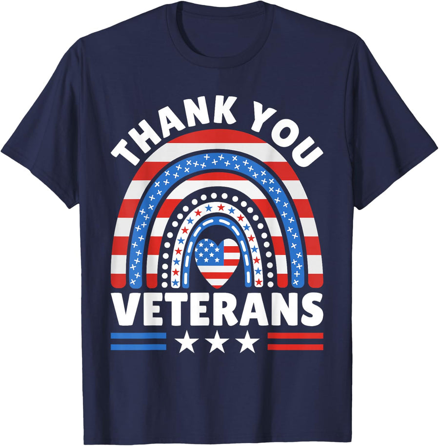 Thank You Veterans Day Patriotic American Flag USA Rainbow T-Shirt - Navy Blue