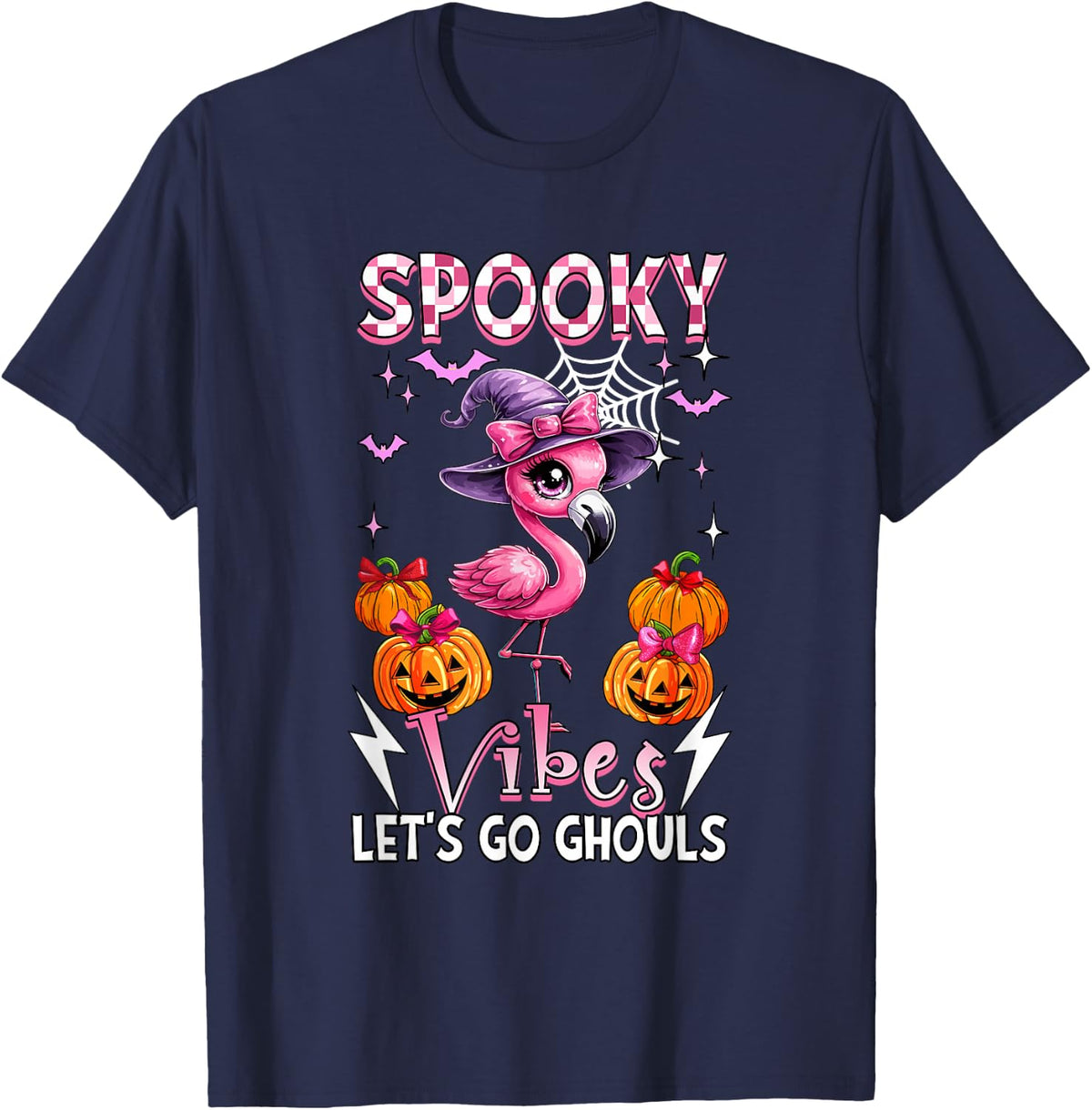 Spooky Funny Vibes Halloween Ghouls Cute Flamingo As Witch T-Shirt - Navy Blue