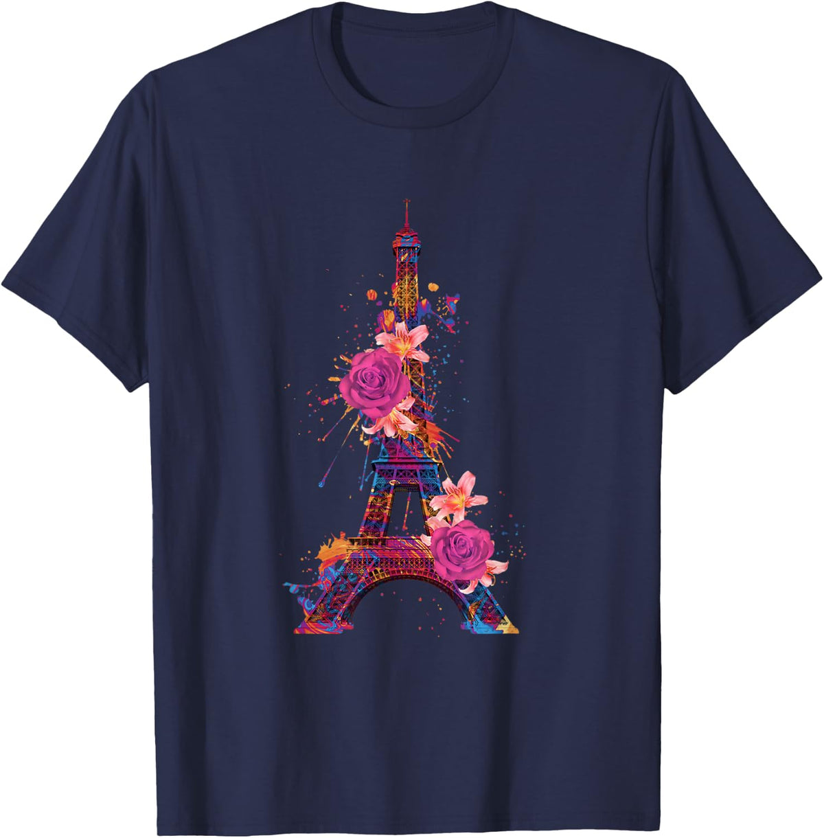 Paris Colorful Eiffel Tower with Rose France Souvenir French T-Shirt - Navy Blue