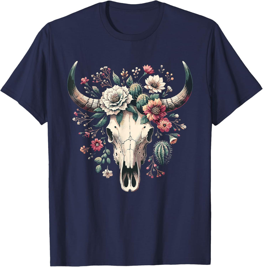 Cute Cowgirl Country Western Cottagecore Floral Skull T-Shirt - Navy Blue