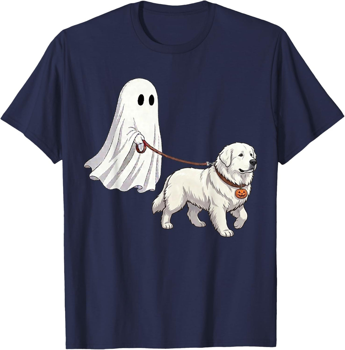 Ghost Walking Dog Ghost Great Pyrenees Halloween Costume T-Shirt - Navy Blue