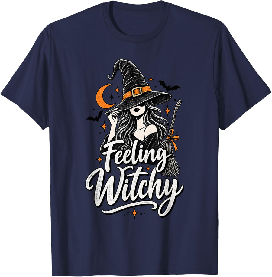 Feeling Witchy Funny Halloween Witch Spooky Season T-Shirt - Navy Blue