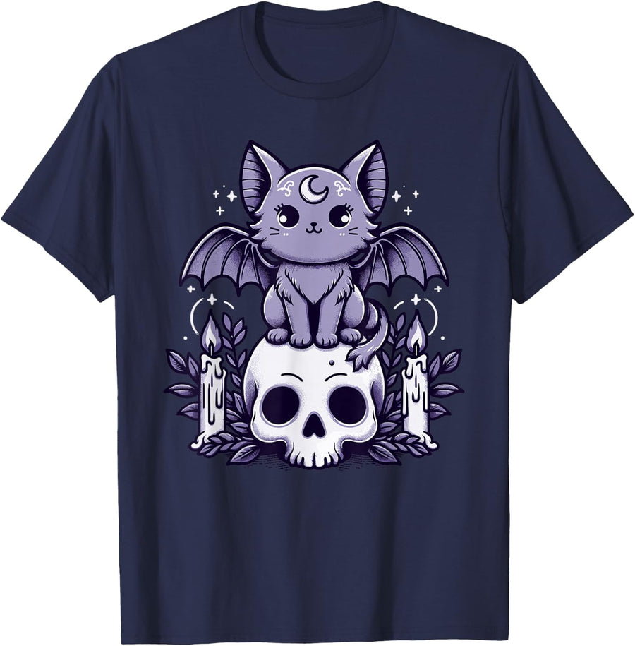 Kawaii Pastel Goth Cute Creepy Cat Bat Skeleton T-Shirt - Navy Blue