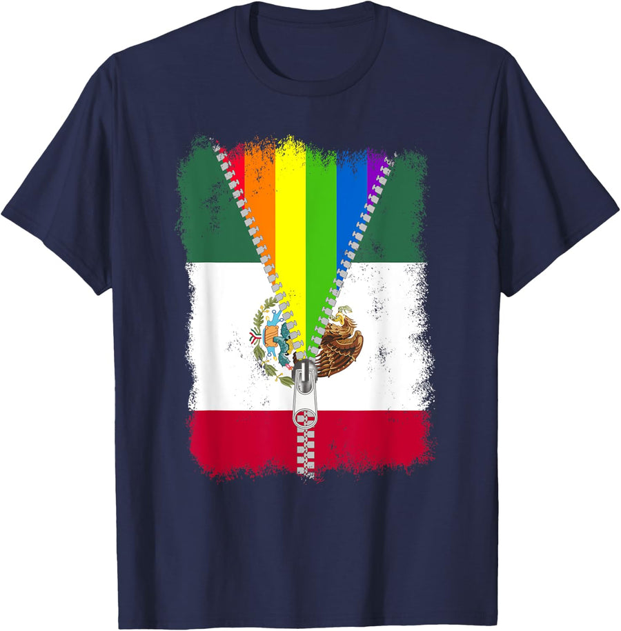 Funny LGBT Mexico flag zip rainbow Mexican gay pride T-Shirt - Navy Blue