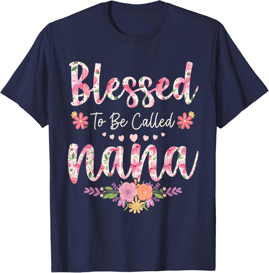 Blessed To Be Called Nana Floral Women Girls Mothers Day T-Shirt - Navy Blue