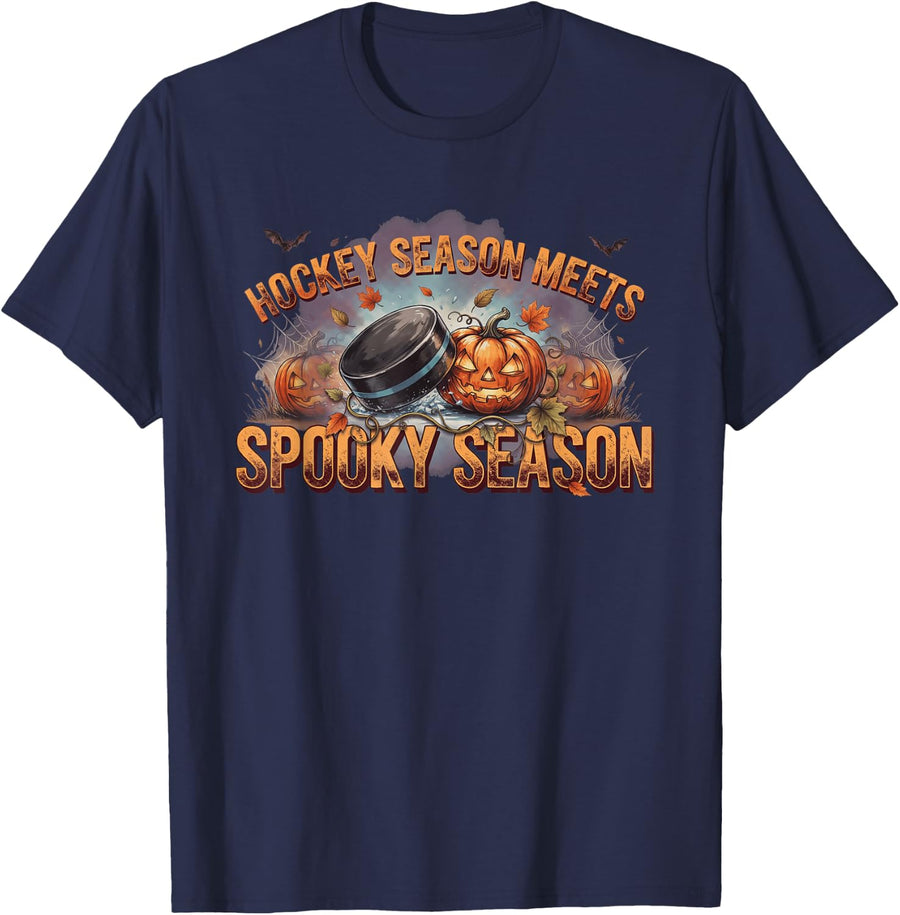 Hockey Season Meets Spooky Season Halloween T-Shirt - Navy Blue