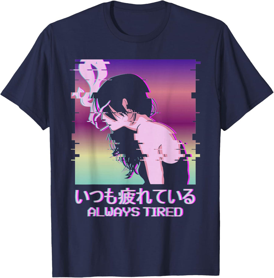 Always Tired Japan Vaporwave Old Indie Aesthetic Anime Girl T-Shirt - Navy Blue
