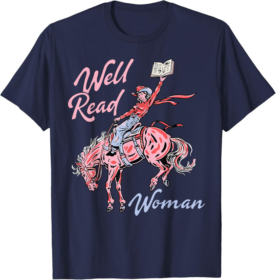 Aesthetic Well Read Woman Vintage Cowgirl Riding Horse Book T-Shirt - Navy Blue