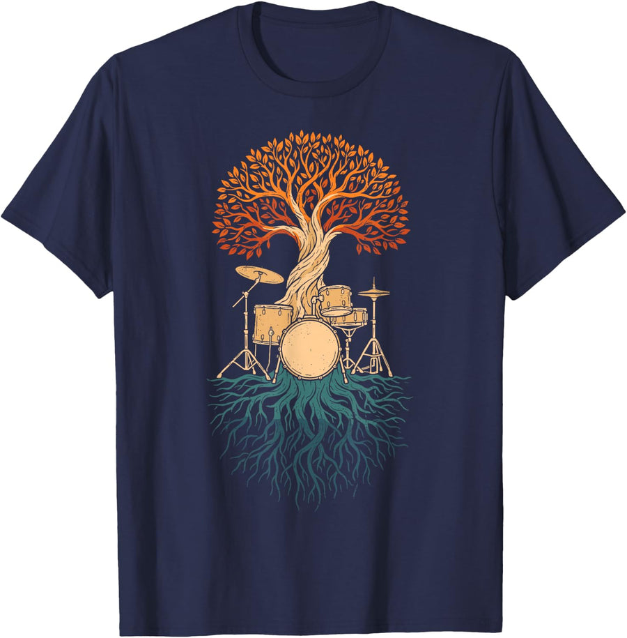 Vintage Tree Drummer Drums Set Drumming Tee Musician Rock T-Shirt - Navy Blue