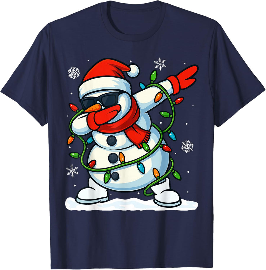Dabbing Snowman Christmas Girls Xmas Lights Boys Christmas T-Shirt - Navy Blue