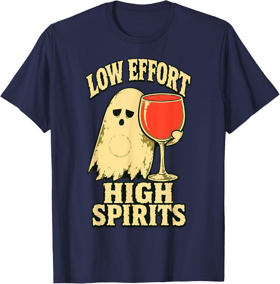 Ghost Low Effort High Spirits Funny Halloween Wine Lover T-Shirt - Navy Blue