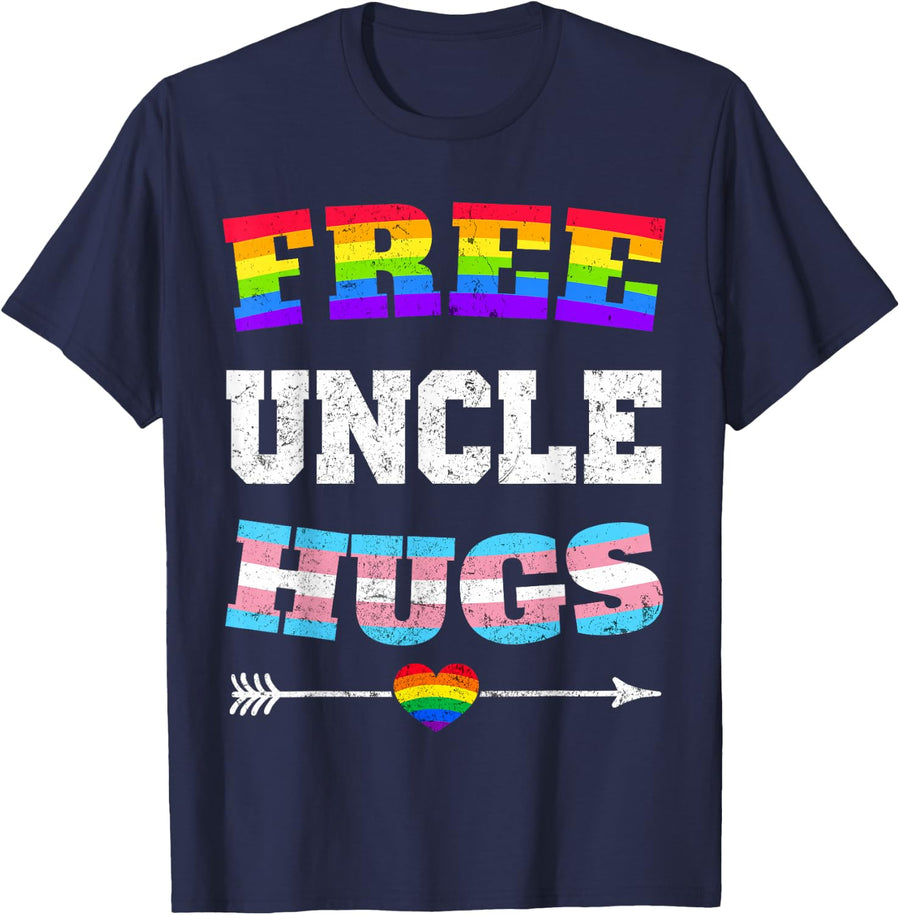 Free Uncle Hugs, LGBT Gay Lesbian Pride Month Rainbow Flag T-Shirt - Navy Blue