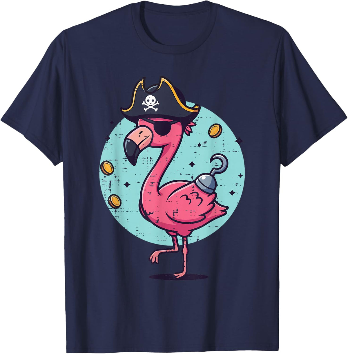 Flamingo Pirate Hat Funny Animal Costume Tee T-Shirt Men Women Boys Kids - Navy Blue