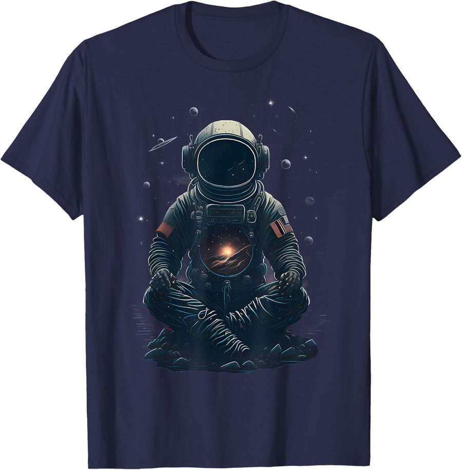 Galaxy Meditating Astronaut Graphic T-Shirt T-Shirt - Navy Blue