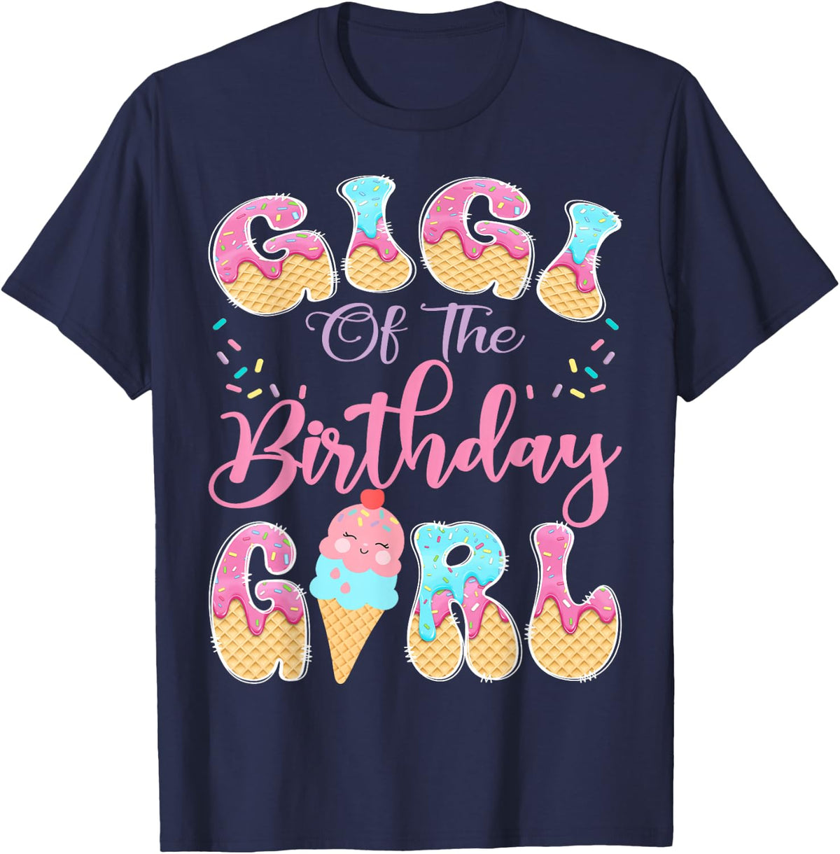 Gigi of The Birthday Girl Sweet Ice Cream Drip Party T-Shirt - Navy Blue