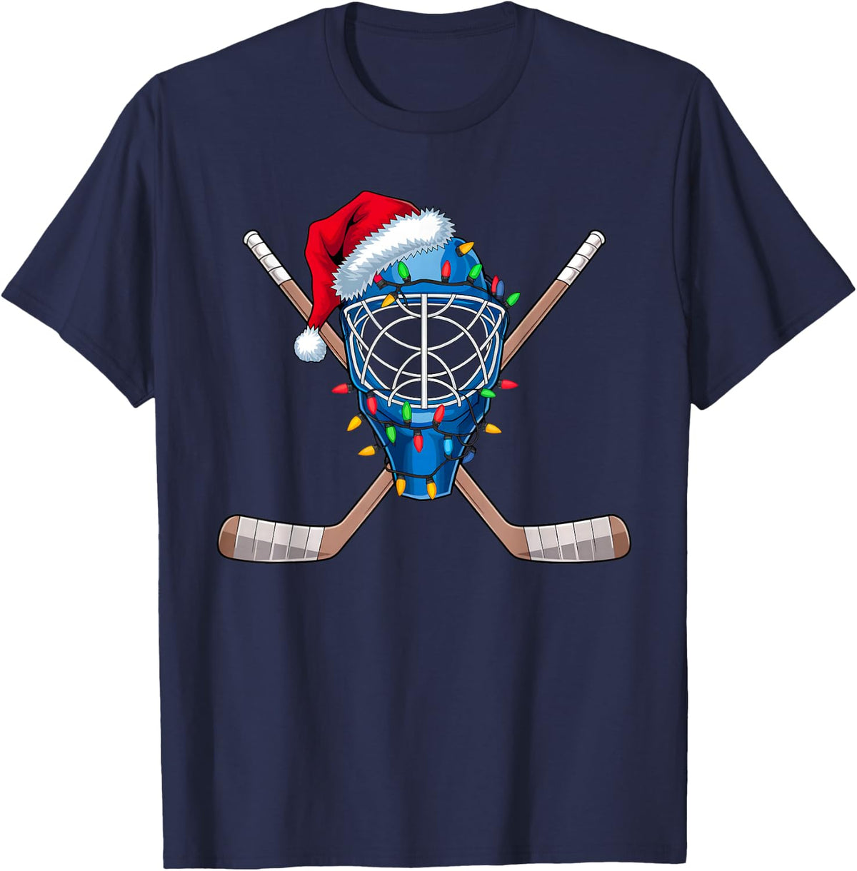 Christmas Ice Hockey Player Santa Sport Hockey Goalie Xmas T-Shirt - Navy Blue