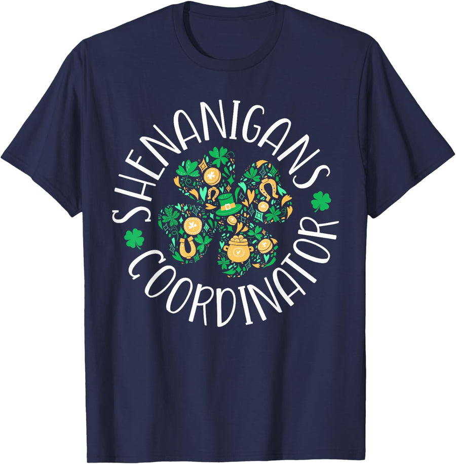 Shenanigans Coordinator Teacher St Patricks Day Shamrock T-Shirt - Navy Blue